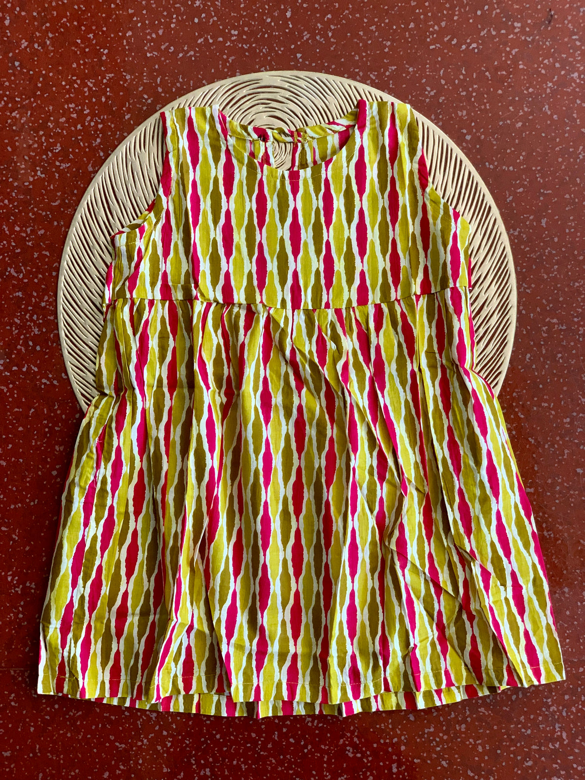 Yellow pink ikkat - Baby Frock