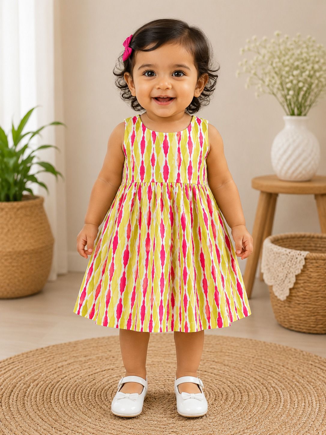 Yellow pink ikkat - Baby Frock